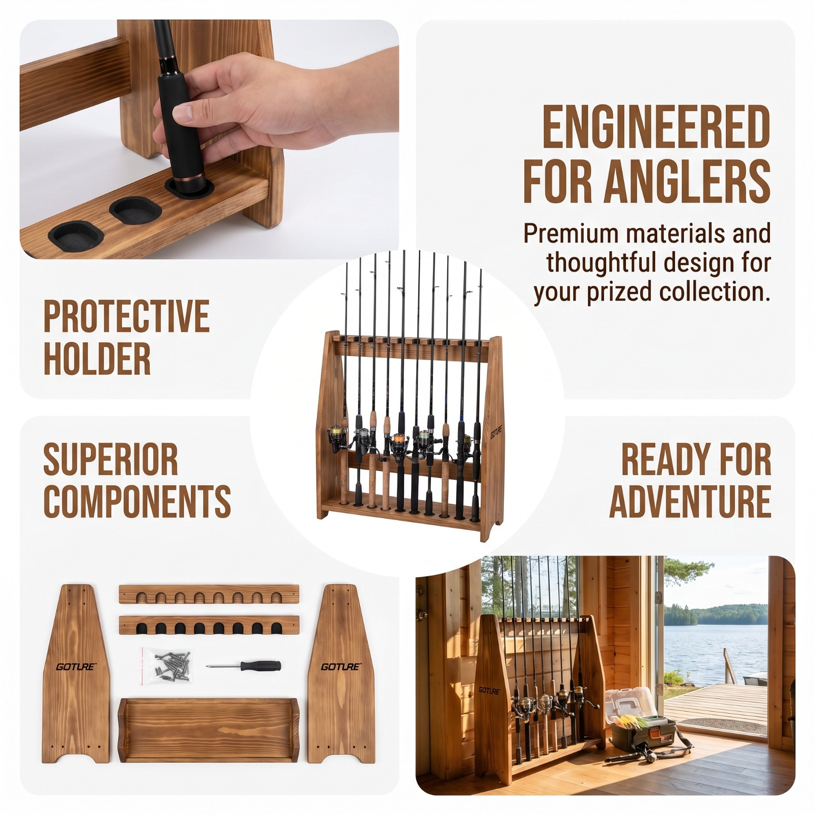 Fishing Rod Rack - Goture 10-Fach Karbonisierter Kiefernholz Angelrutenhalter Einfache